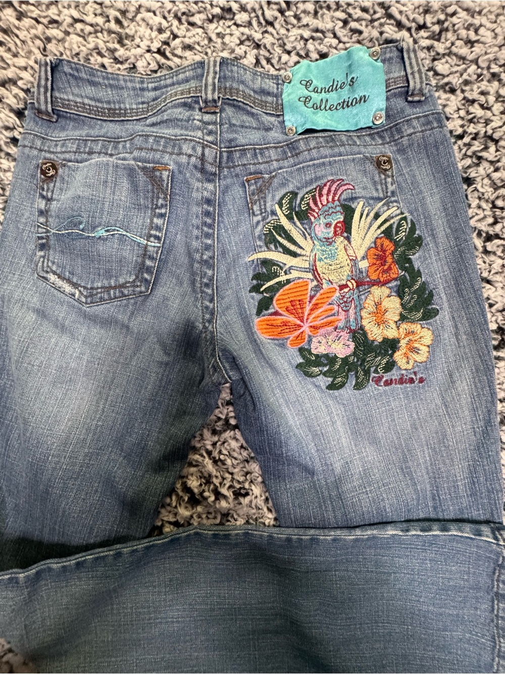 Candie's Blue Denim Boot Cut Jeans with Tropical Parrot Embroidery